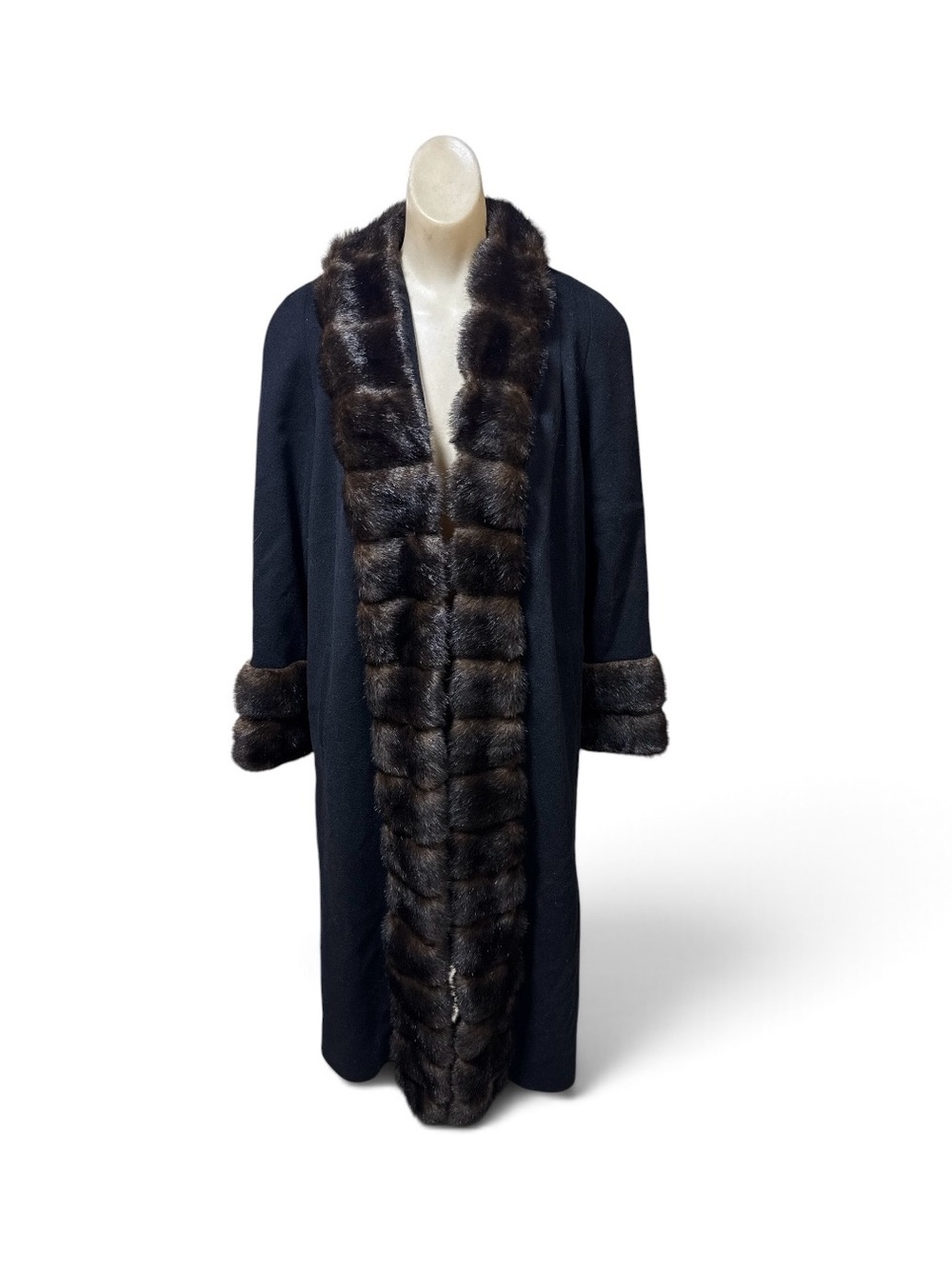 Vintage 1990s Albert Nipon 100% Wool Faux Fur Trim Maxi Swing Coat Med Mob Wife